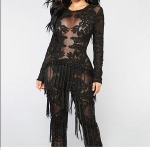 Fringe mesh black jumpsuit sheer